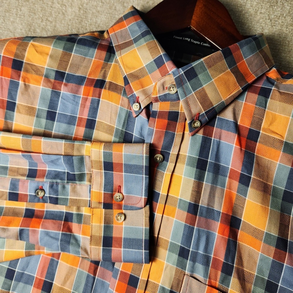 Paul Fredrick Button Down Shirt Mens XLT Multi Color Plaid‎ Long Staple Cotton